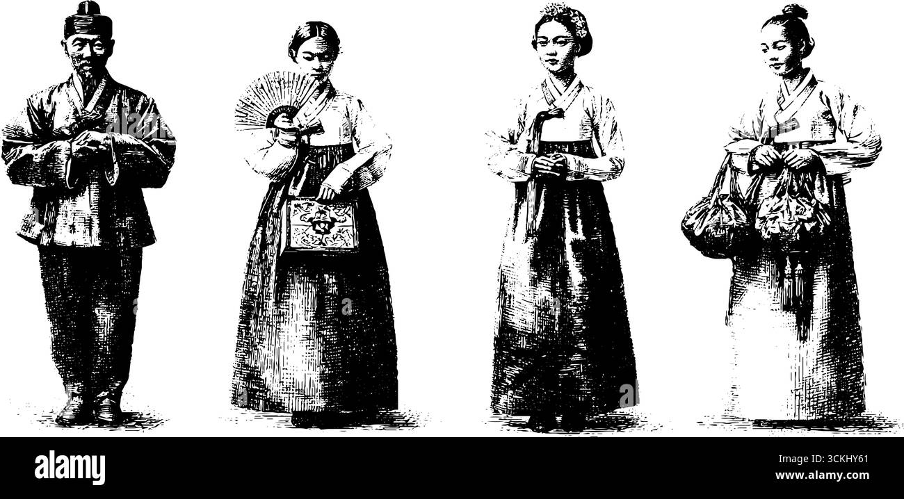 Gravur der koreanischen Neujahrstradition mit traditioneller Kleidung und kulturellen Elementen. Stock Vektor