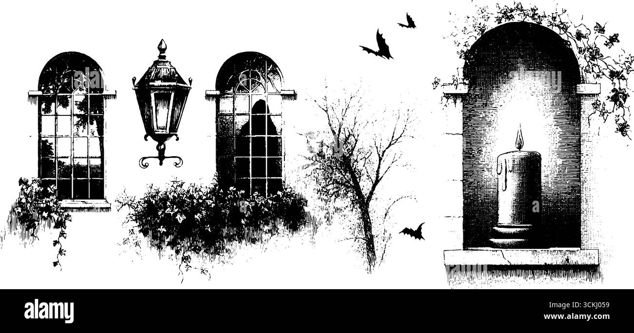 Sammlung von Spukfenstern und Schatten mit Kerzen und Fledermäusen für halloween-Design. Stock Vektor