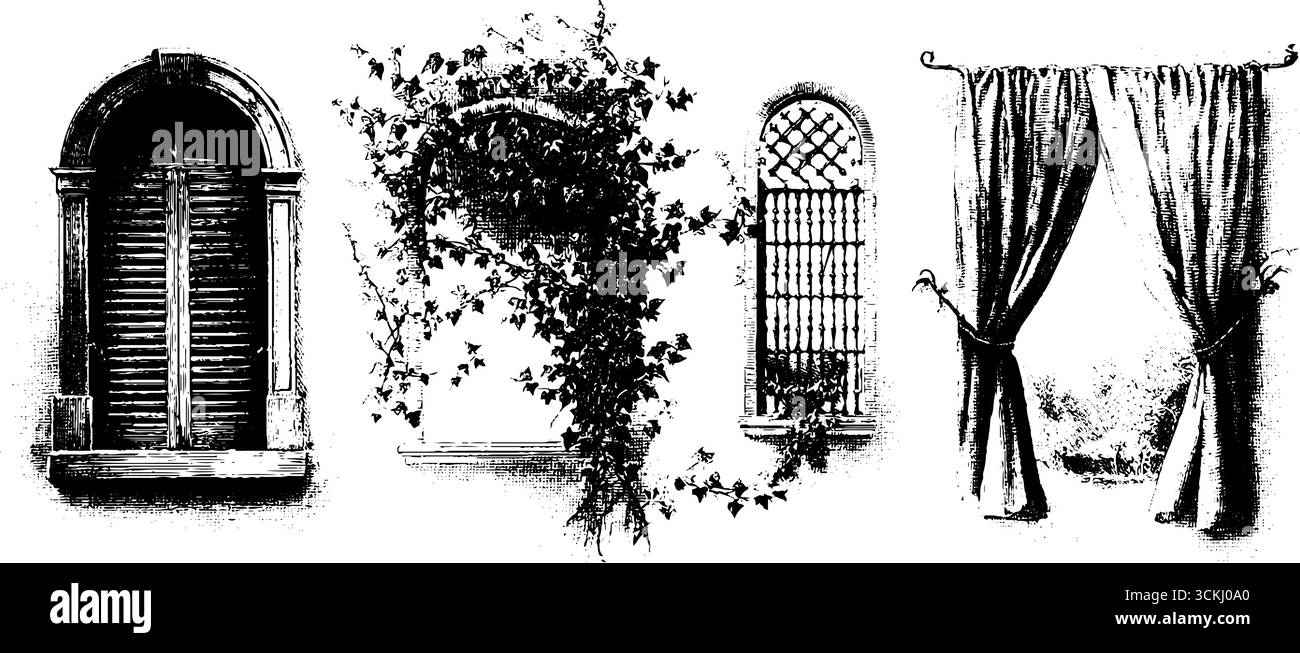 Vintage-Fensterstiche mit architektonischen Designs und dekorativen Elementen. Stock Vektor