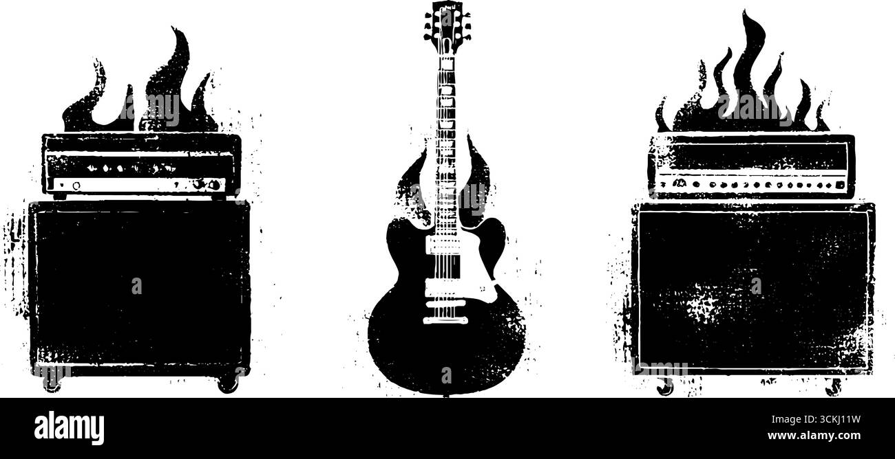 Schablonensatz aus E-Gitarre und Verstärkern für urbane Kunst. Stock Vektor