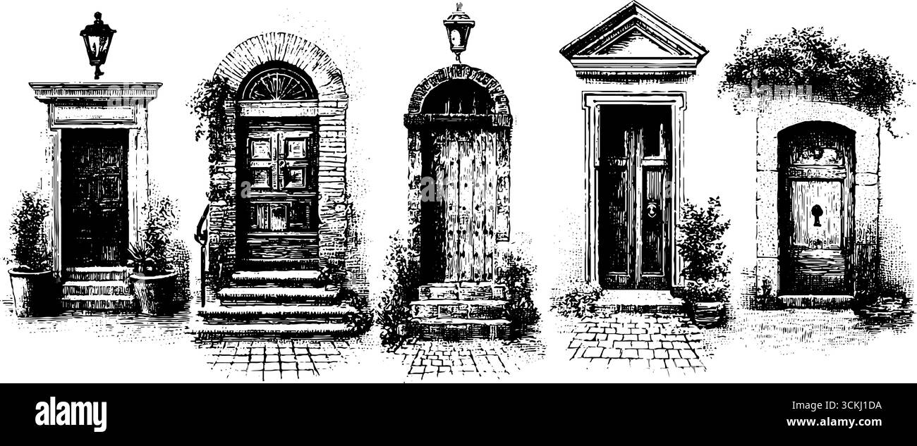 Rustikale Türgravurkollektion: Vintage-Architekturskizzen für Design und Dekor. Stock Vektor