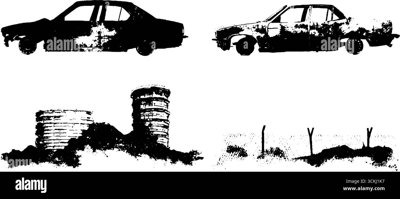 Urban Decay Schablonenset: Oldtimer und verfallene Strukturen für künstlerische Designs. Stock Vektor