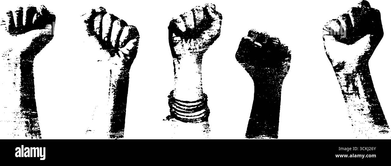 Schwarz-weißes Anarchie-Faustschablonset für urbanes Design und Protestkunst. Stock Vektor