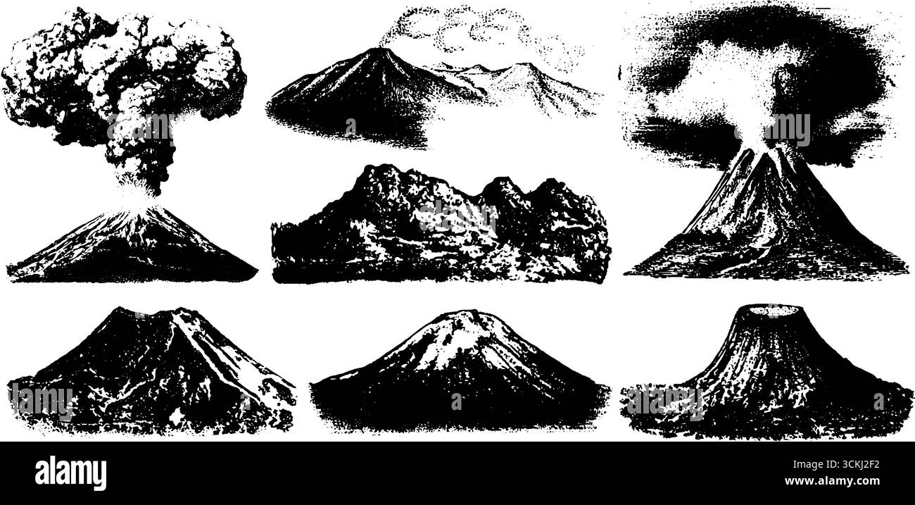 Schwarzes und weißes Vulkan-Illustrationsset für kreatives Design. Stock Vektor