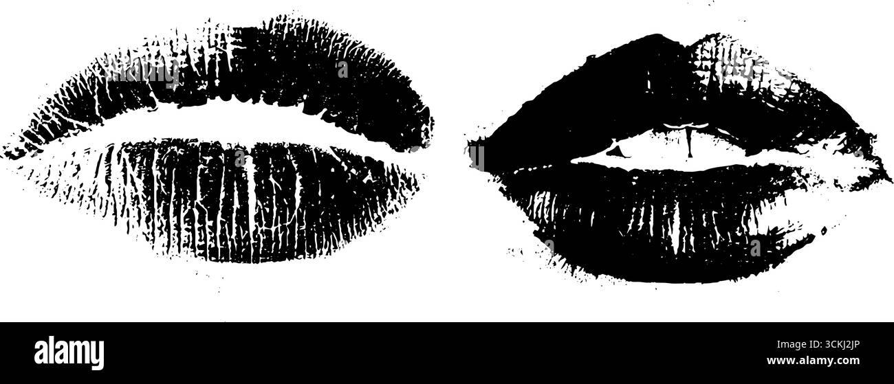 Schwarz-weiße Schablone mit Grunge-Lippendrucken für kreative Designprojekte. Stock Vektor