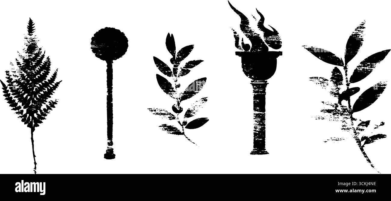 Schwarz-weiße Schablone Illustrationsset mit apollo-Taschenlampe und Laubelementen. Stock Vektor