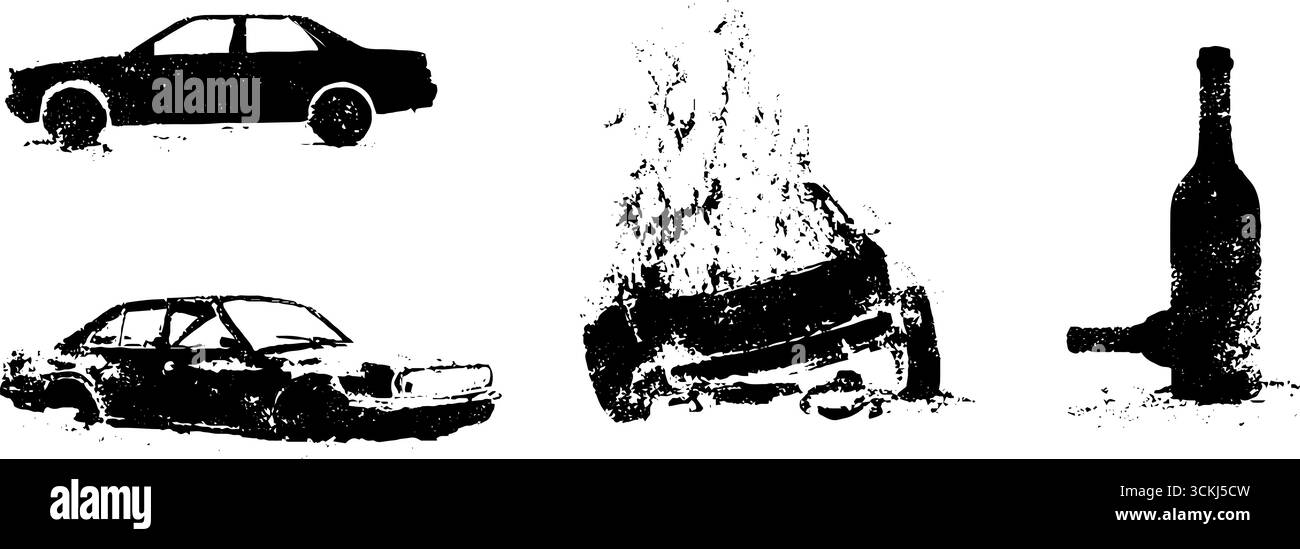 Schwarz-weiße Schablone mit brennenden Autos und Flaschen für urbanes Grunge-Design. Stock Vektor