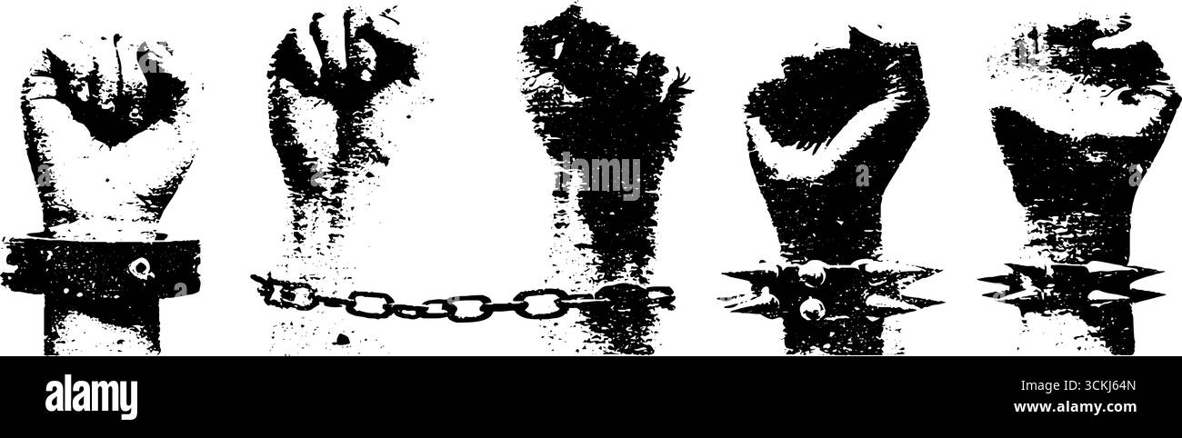 Schwarz-weißes Schablonenset aus Fäusten mit Ketten und Armbändern für urbanes Design. Stock Vektor