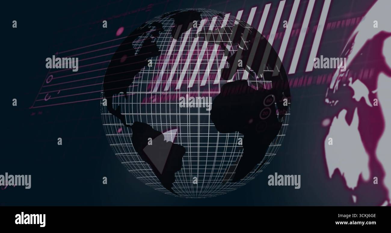 3D-Drahtmodellkugel mit Kontinenten und Gitterüberlagerung mit magentafarbenen Balkendiagrammen Stockfoto