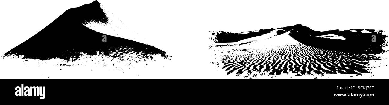 Schwarz-weiße Schablonenkunst von Wüstensanddünen für Designprojekte. Stock Vektor