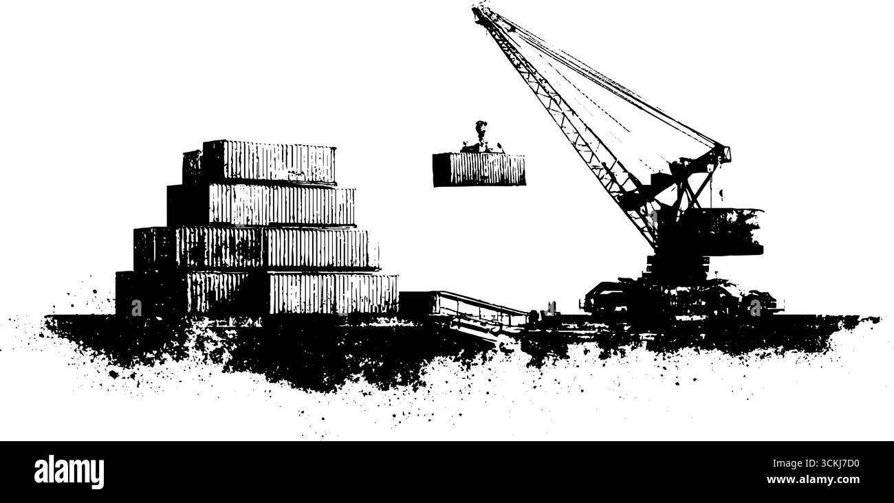 Industrieller Schiffskran und Fracht in Schwarz-weiß für städtisches Design. Stock Vektor