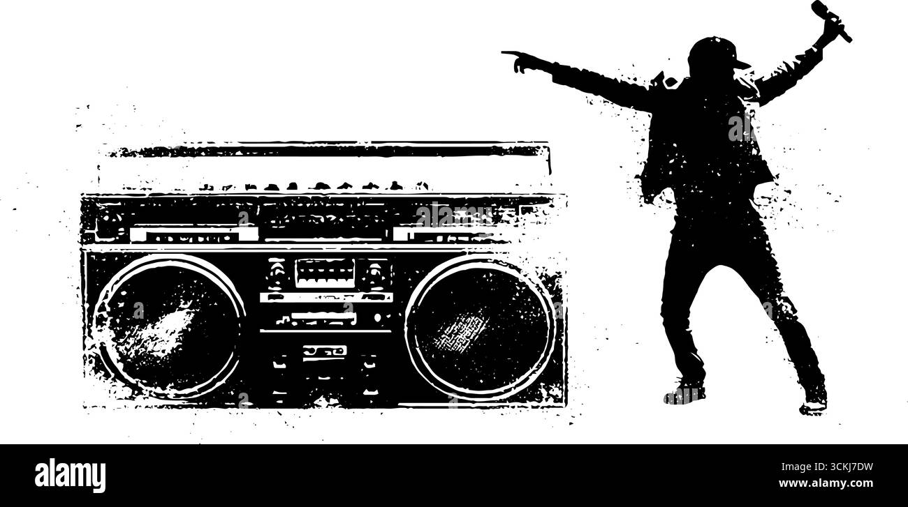 Urbane Musikkultur: Schwarz-weißes Hip-Hop-Schablonenset für Design. Stock Vektor