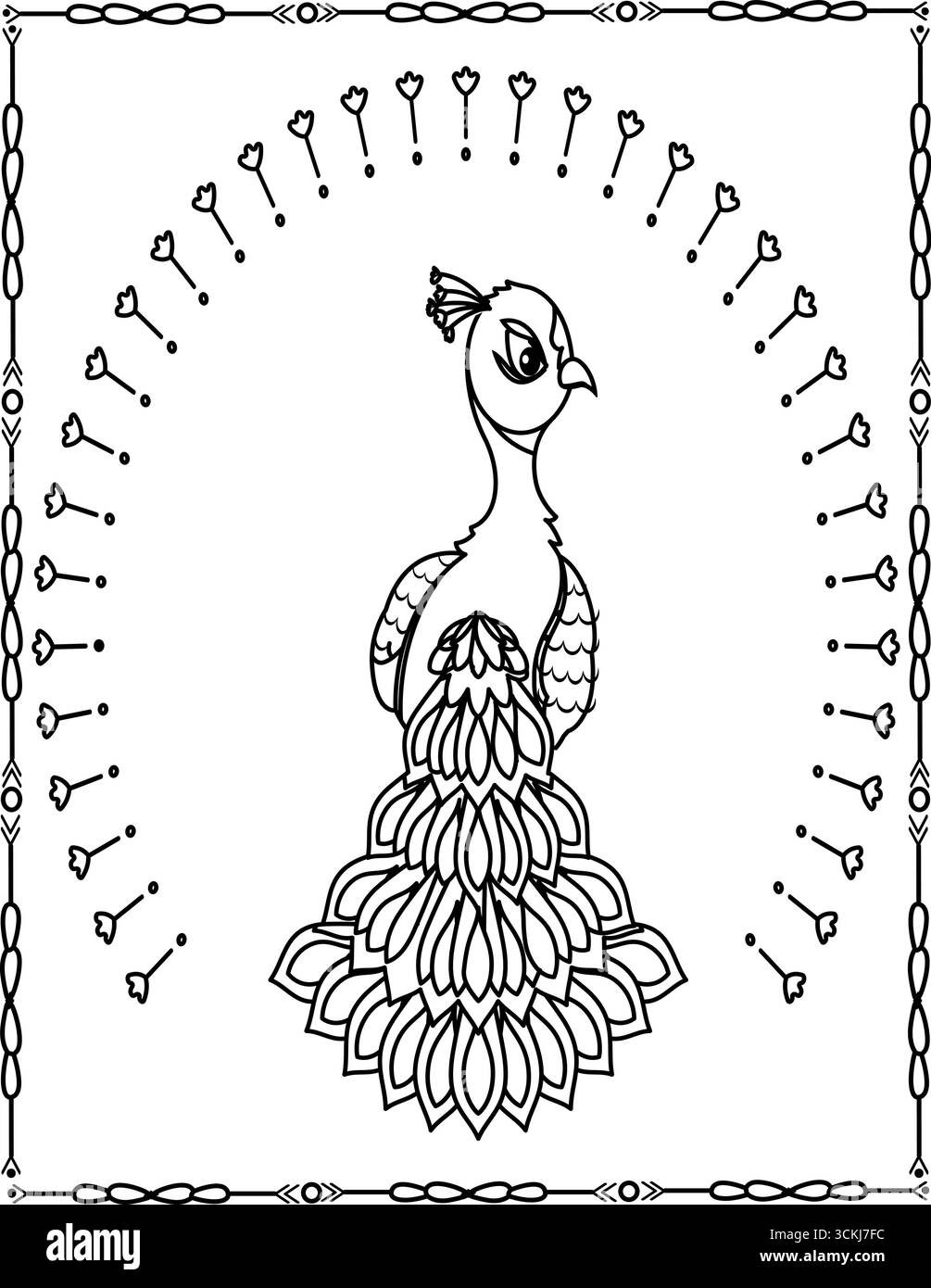 pfau-Karikaturumriss für Färbung Seite, Vektorlinie Kunst schwarz-weiße Illustration, weißer Hintergrund. Stock Vektor