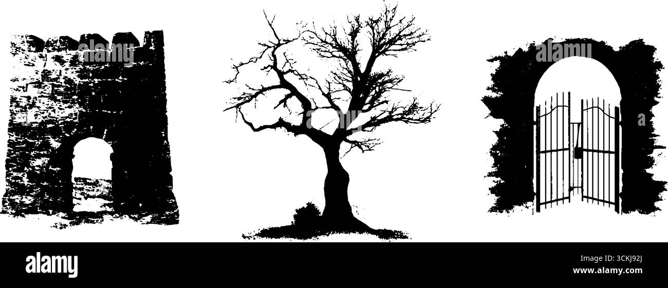 Schwarz-weiße Schablonenset mit eindringlichen Baum- und Architekturelementen für urbane Kunst. Stock Vektor