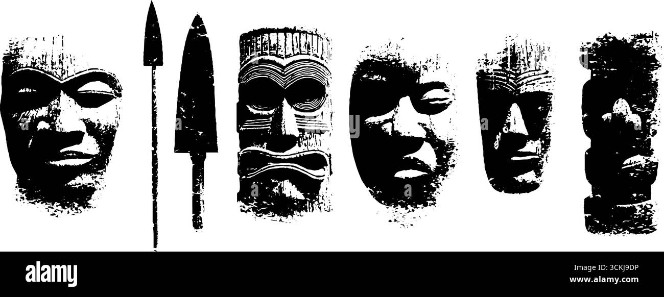 Schwarz-weiße Schablonenabbildungen von Gesichtern und Speeren für Kunst und Design. Stock Vektor