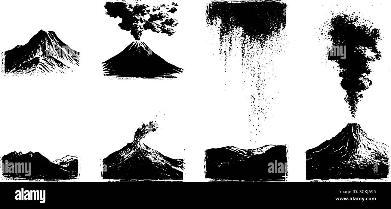 Schablonensatz für vulkanische Eruptionen in Schwarz-weiß für kreative Designprojekte. Stock Vektor