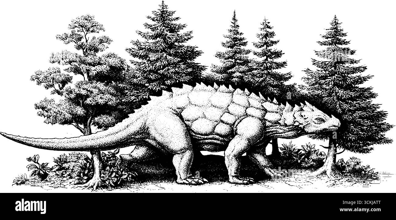 Ankylosaurus, der durch dichten Nadelwald schlendert - Vintage-prähistorische Szene. Stock Vektor