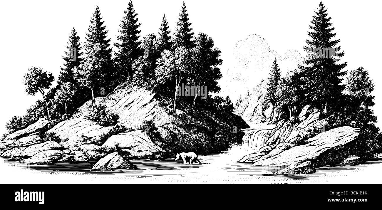 Vintage-Wildnis-Szene mit Bären, die am Bergwasserfall angeln. Stock Vektor