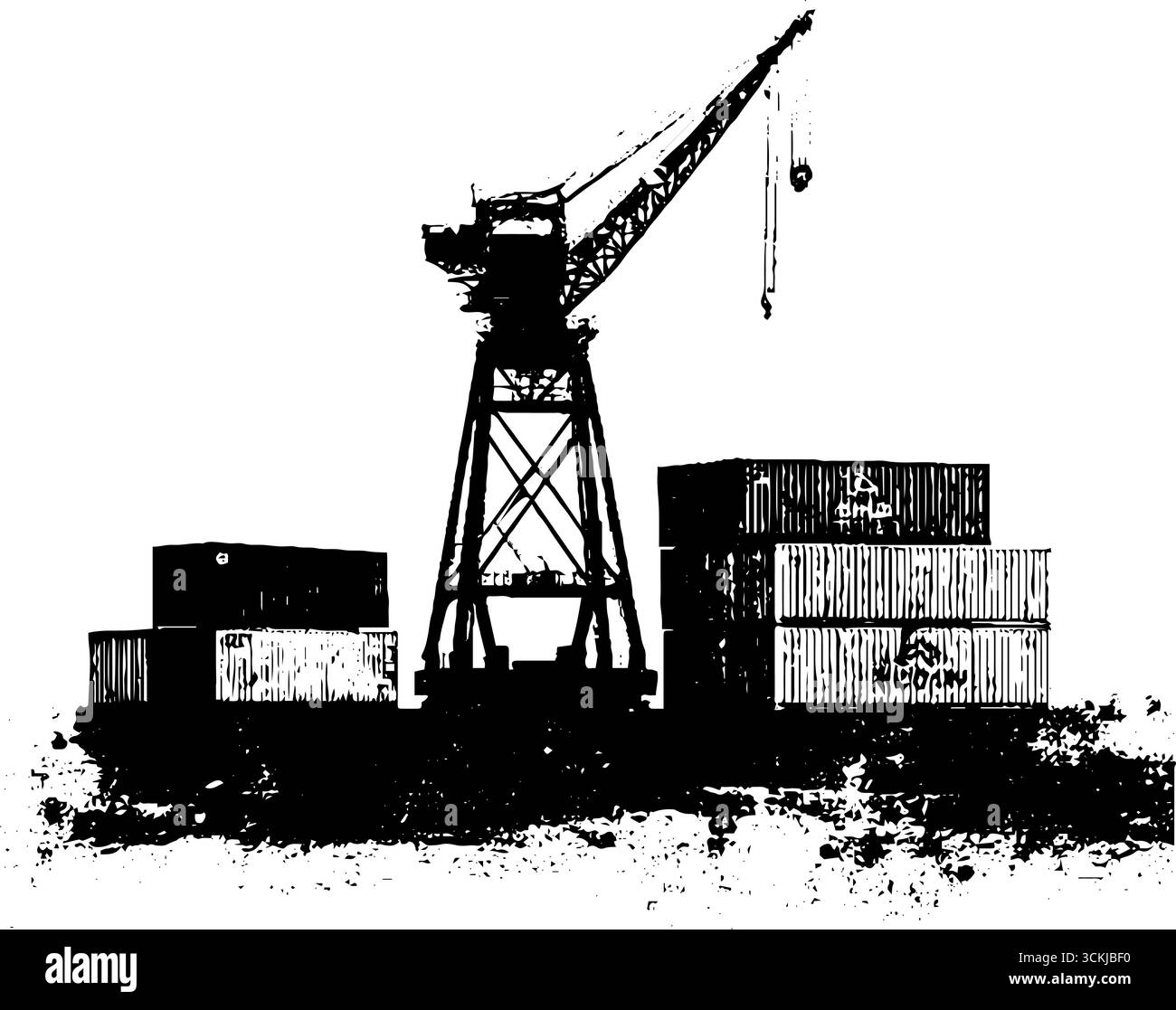 Industrie-Werftkran mit Frachtcontainern in schwarz-weißer Schablonenkunst. Stock Vektor