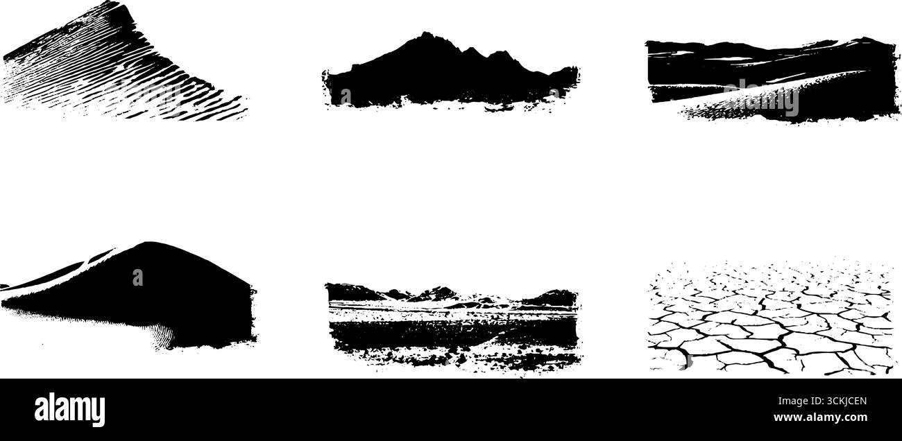 Schablone für Wüstenlandschaften in Schwarz-weiß für kreative Designprojekte. Stock Vektor