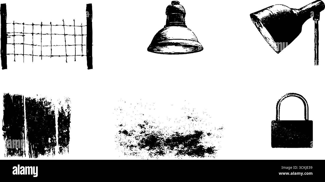 Schwarz-weißes Schablonenset mit Draht, Lampen und Grunge-Texturen für urbanes Design. Stock Vektor