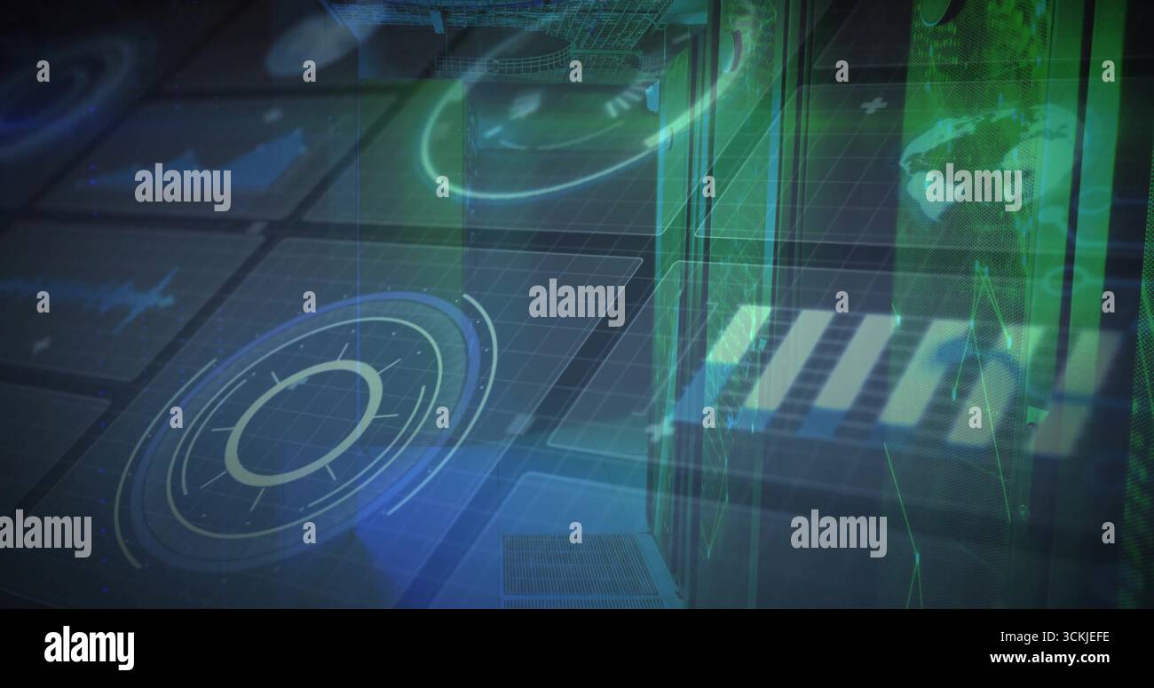 Das holographische kreisförmige Absehen in der Kommandozentrale zeigt Panels, Rasterboden und Weltkarte Stockfoto