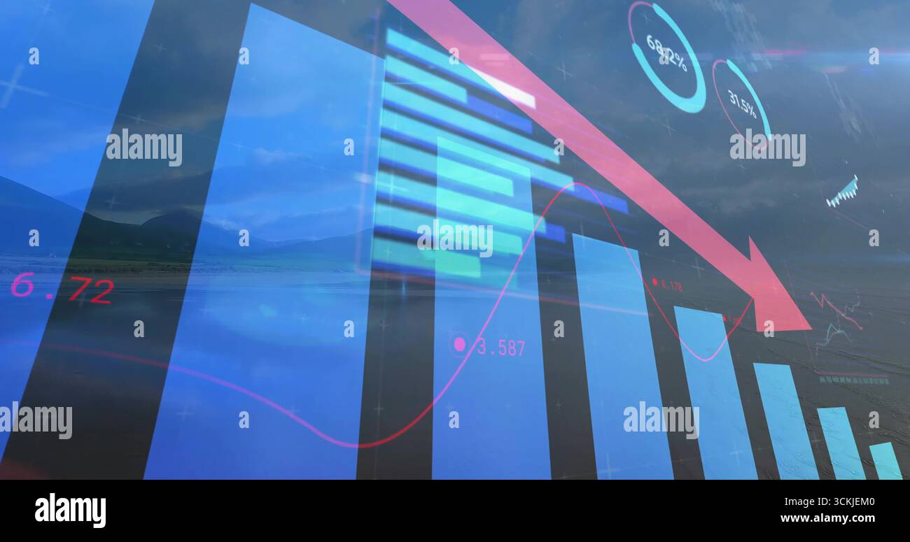 Anzeigen des Dashboards, das sich am See, mit blauen Balken, rotem Pfeil, Linie, Prozentsätzen, numerische Beschriftungen Stockfoto