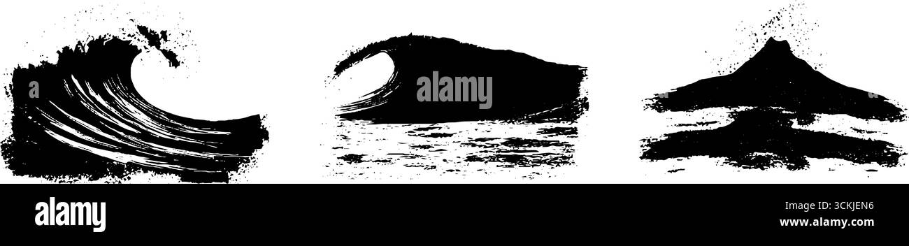 Schwarz-weiße Schablonen-Illustrationen von Gezeitenwellen - Grunge-Surf-Design für urbane Kunst. Stock Vektor