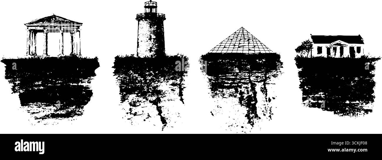 Abstraktes schwarz-weißes Schablonenset mit antiken und modernen Strukturen für Design und Dekoration. Stock Vektor