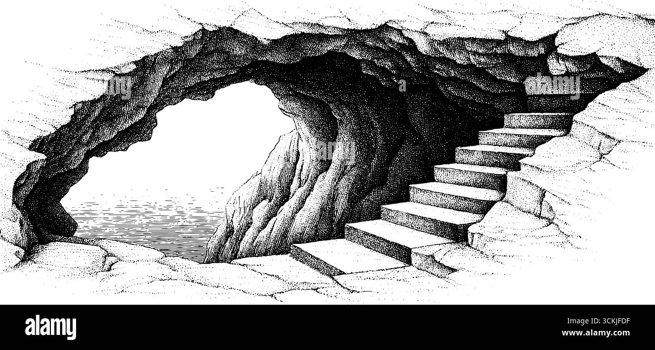 Die Treppe an der Klippe wurde in einen Felsvorsprung geschnitzt und bietet einen Blick auf das Meer für Retro-Design. Stock Vektor