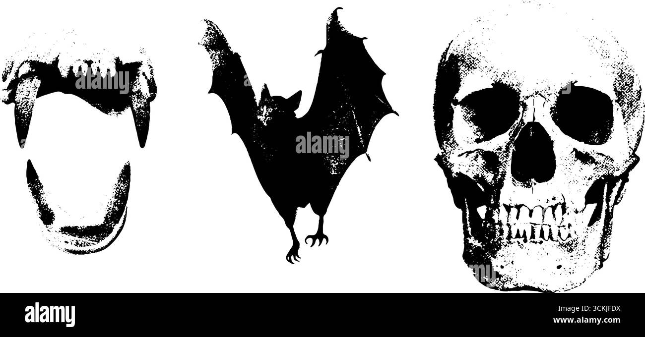 Gothic Elements Stencil Kollektion: Vampirzähne, Fledermaus und Schädel für halloween Designs. Stock Vektor