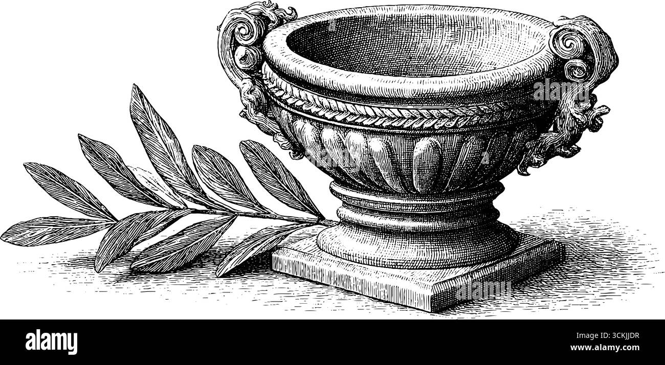 Vintage-Skizze von apollos Leier auf geschnitztem Sockel mit Olivenzweig. Stock Vektor