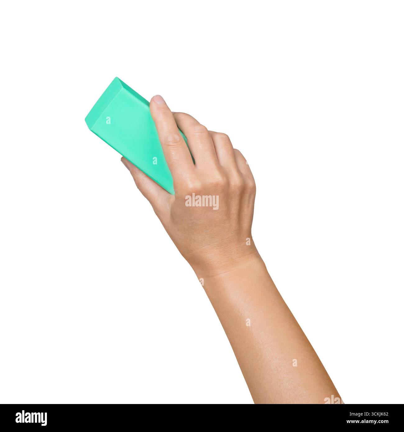 Hand mit grünem Gummiradierer isoliert auf weißem Hintergrund Stockfoto