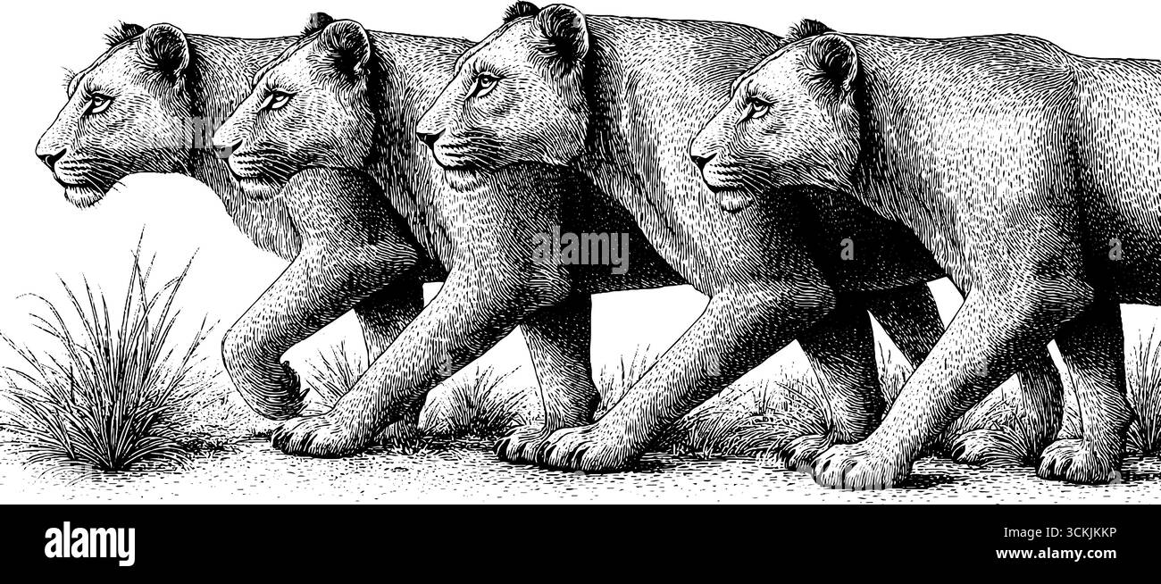 Vintage-Illustration von Löwenstolz, der zur goldenen Stunde durch trockenes Gras wandert. Stock Vektor