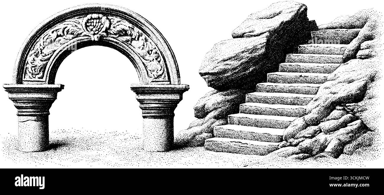 Handgezeichneter Vintage-Gravur aus Bogensteinwerk mit verbranntem Sturz und gebrochener Inschrift. Stock Vektor
