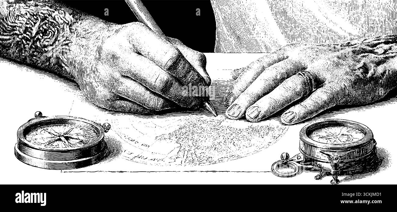 Kartograph aus der Renaissance zeichnet Küstenlinien auf Pergament mit Kompasswerkzeugen. Stock Vektor