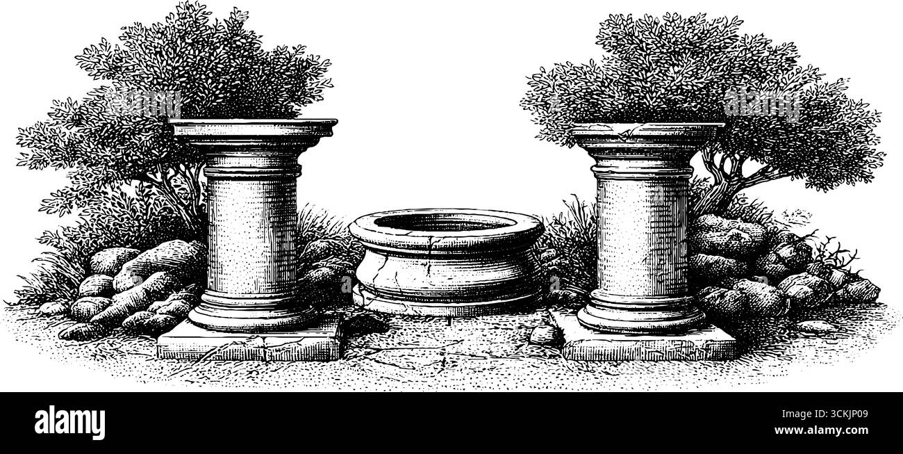 Vintage-Gravur mit gebrochenen Säulen und bewachsenem Innenhof für Retro-Design. Stock Vektor