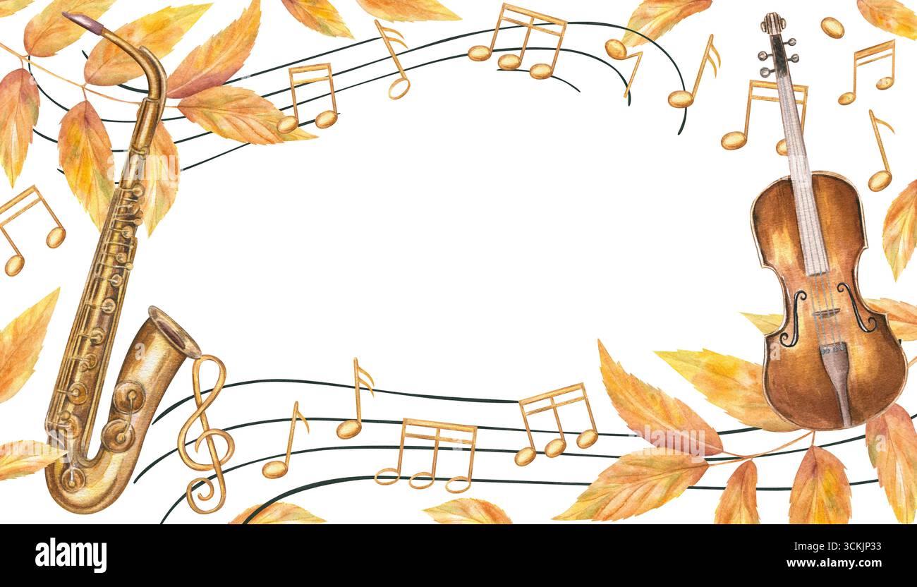Musikalischer Rahmen mit Violine, Saxophon, welligen Notennoten und herbstgelben Blättern. Aquarellabbildung auf isoliertem Hintergrund. Stockfoto