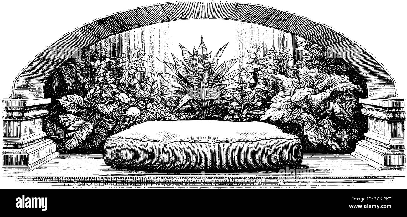 Ruhige Meditationsszene mit Zafu-Kissen unter dem Fenster in Vintage-Skizze. Stock Vektor