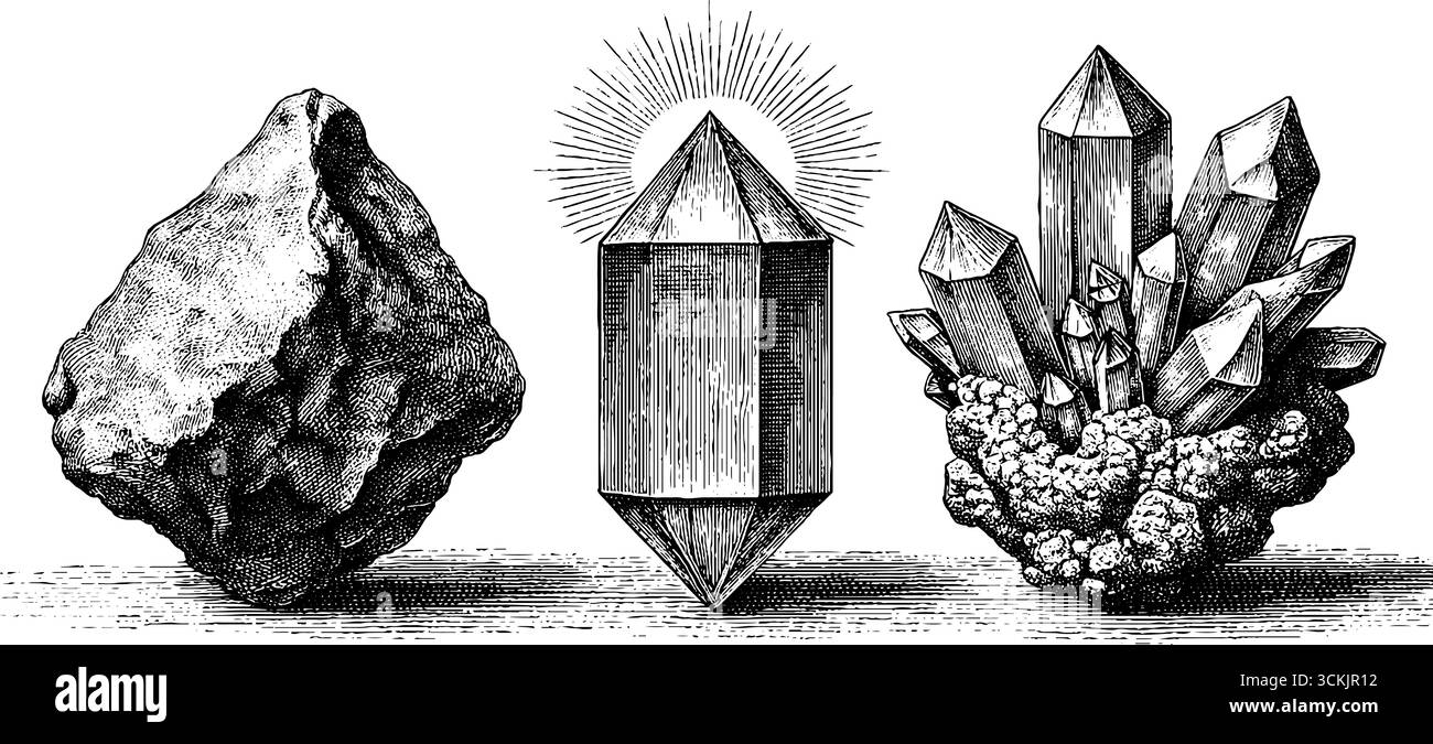 Symmetrisches Vintage-Kristallset mit Lichtstrahlen – Gravur für Retro-Design. Stock Vektor