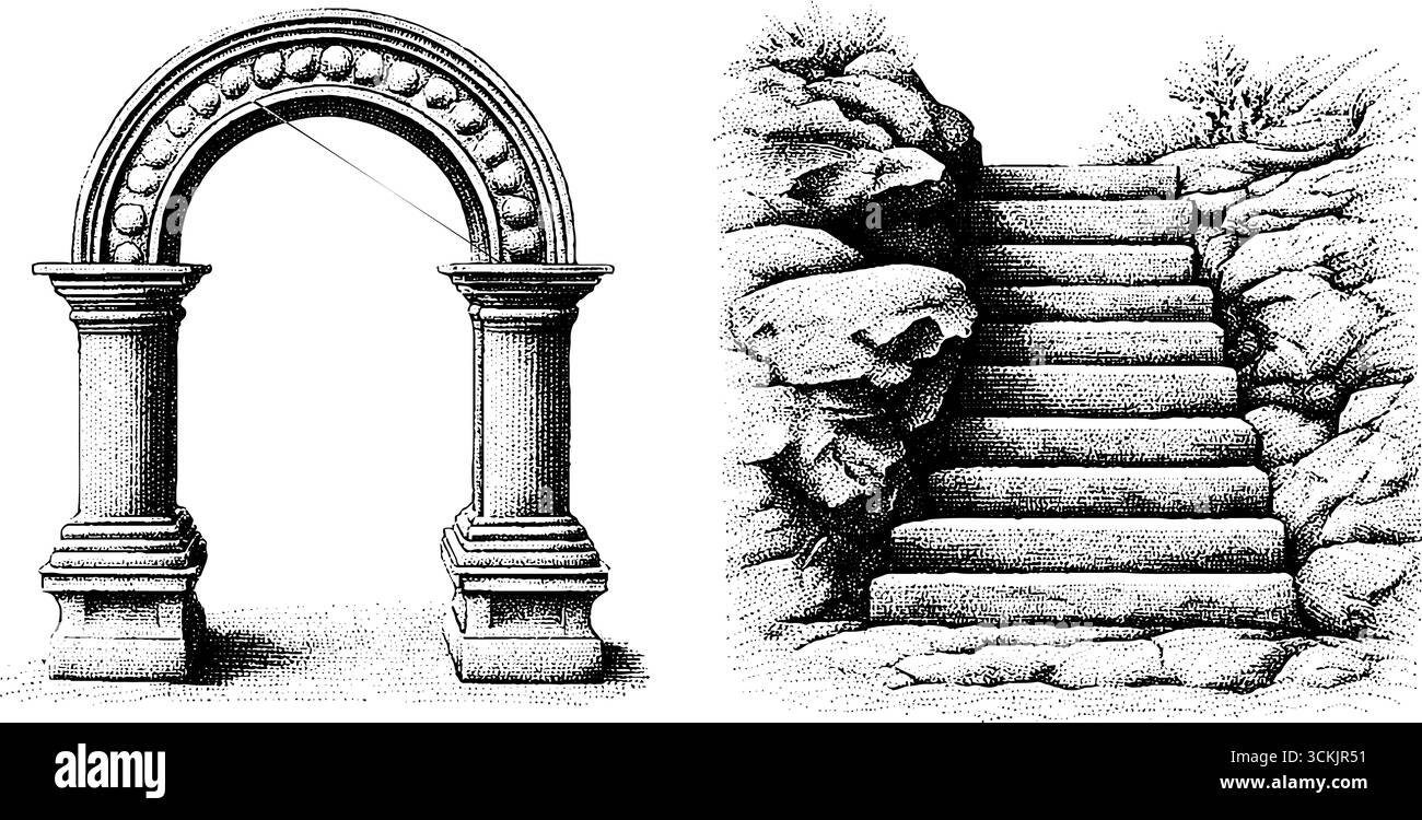 Handgezeichneter Vintage-Gravur mit zerbröckeltem Bogengang und versunkener Steintreppe. Stock Vektor
