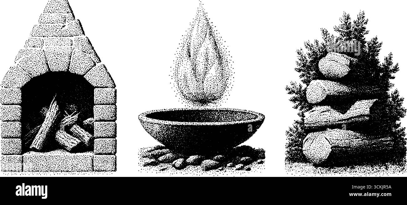 Vintage-Kamin und Holzstapelskizze mit Funken-Illustration für Retro-Design. Stock Vektor