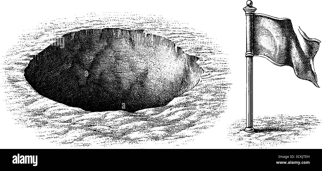 Vintage-Skizze mit schattierter Eingangsgrube und Fahnenillustration für Retro-Design. Stock Vektor