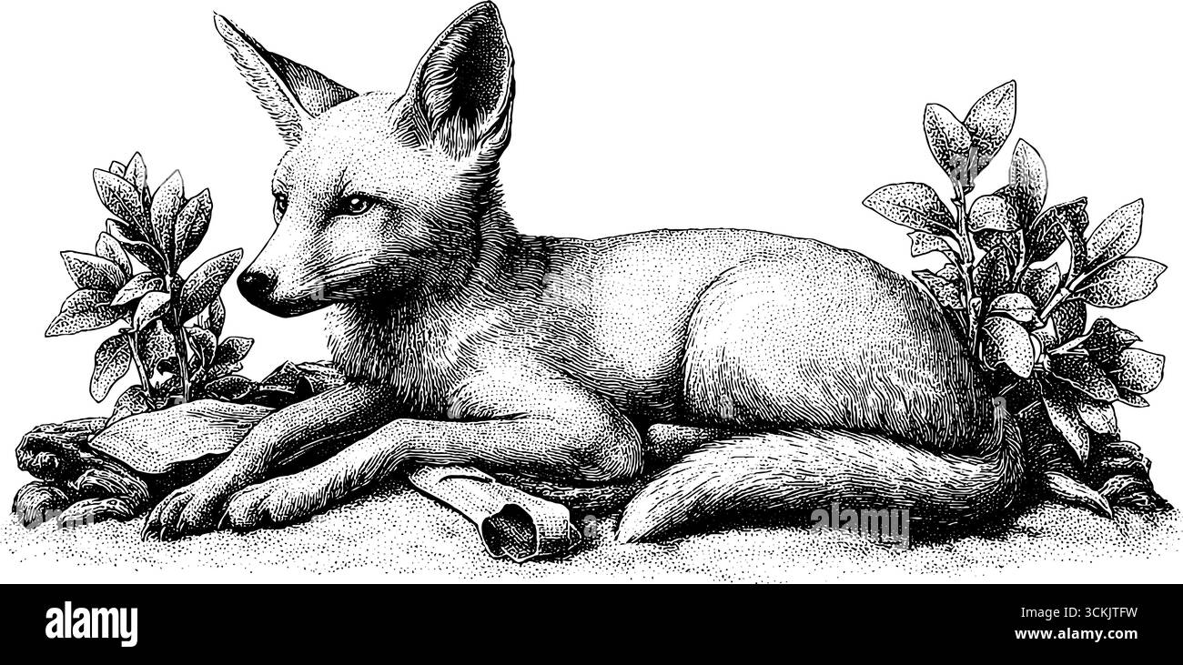 Rätselhafter Fuchs und Schrein im Wald mit komplizierten handgezeichneten Details. Stock Vektor