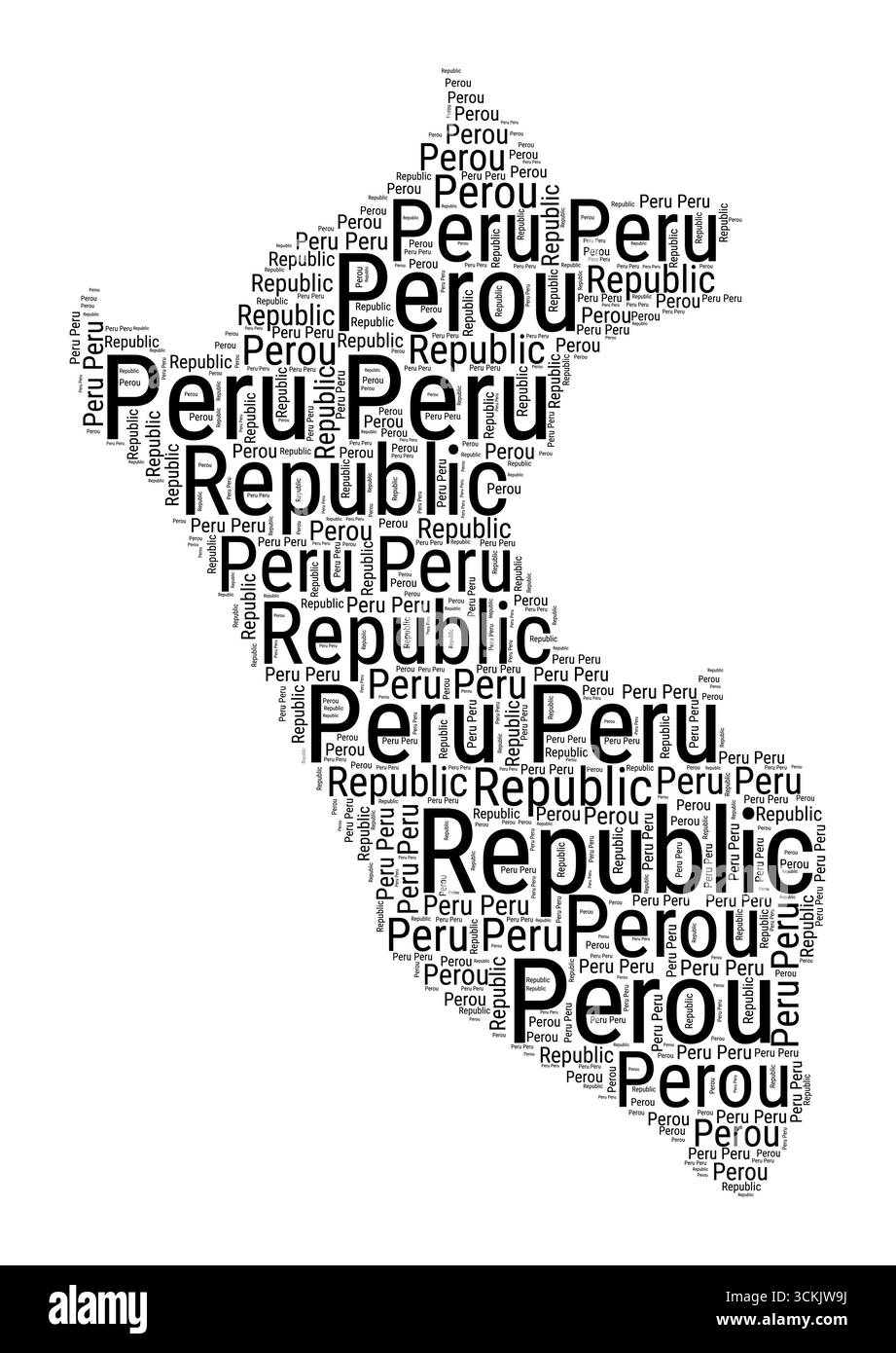 Schwarz-weiß-Wortwolke in peruanischer Form. Einfache typografische Darstellung des Landes. Einfache schwarze Peruaner-Textwolke auf weißem Hintergrund. Stock Vektor