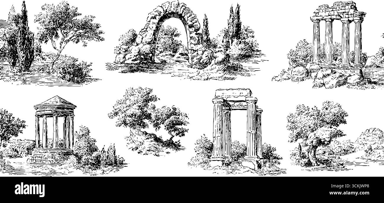 Alte architektonische Ruinen und Naturlandschaften in Vintage-Schwarz-weiß-Gravuren. Stock Vektor