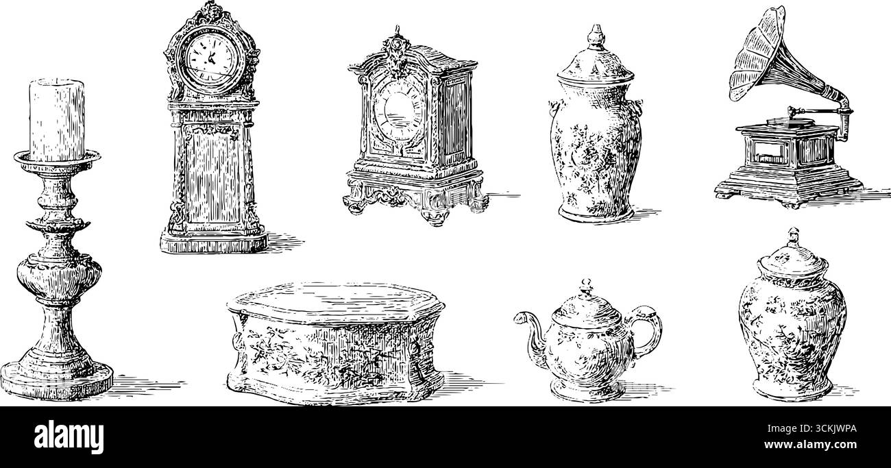 Vintage-Antiquitätenkollektion: Handgezeichnete, gravierte Illustrationen klassischer Uhren und elegantes Dekor. Stock Vektor