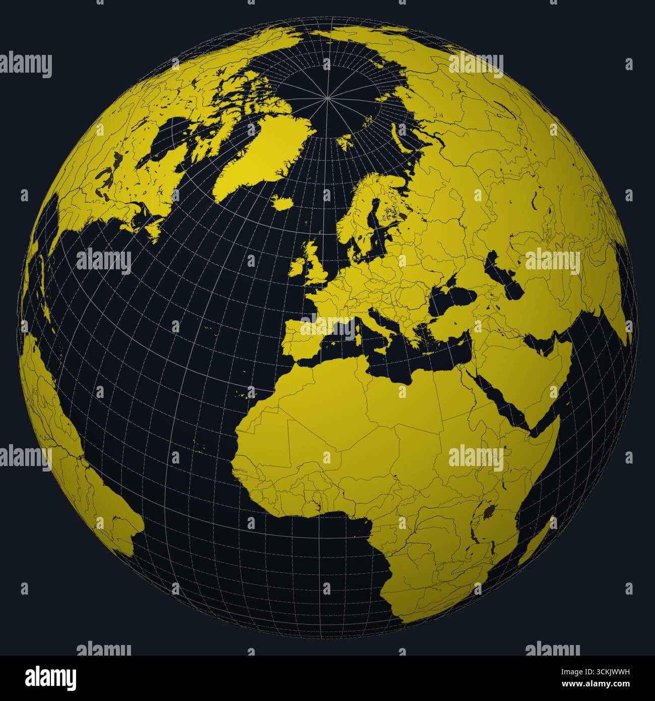 Fürstentum Andorra auf Globe. Landansicht auf der Weltkarte in der Farbpalette Anthrazit Hellgelb. Andorra-Form auf der Karte. Stock Vektor