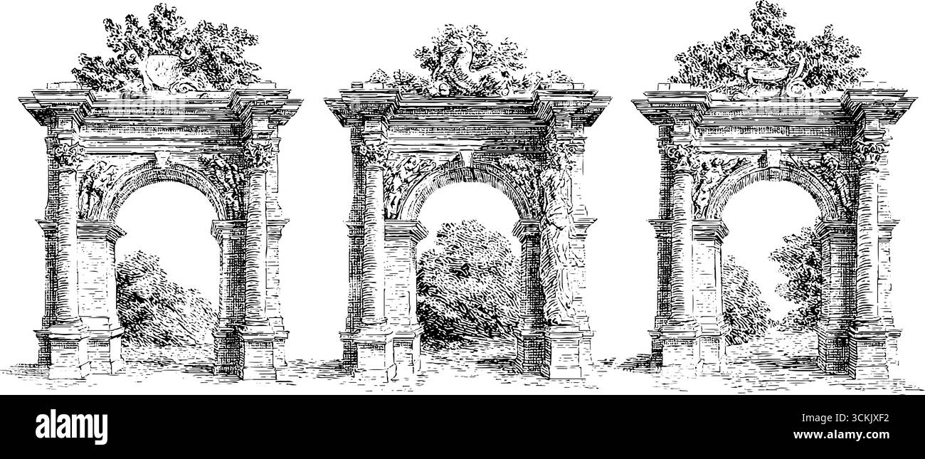 Vintage-Architekturstich: Klassische Steinbögen und Portale für Design. Stock Vektor