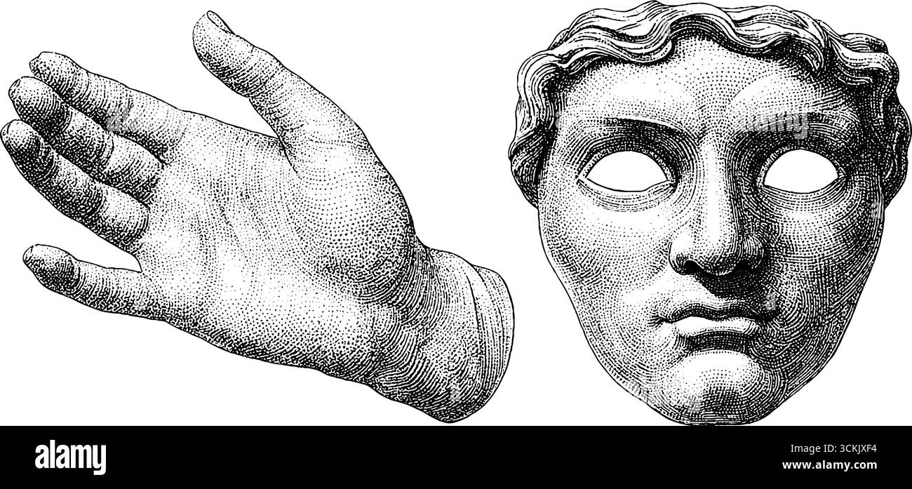 Vintage-Phantom-Hand und Maske mit Nebelelementen für Retro-Design. Stock Vektor